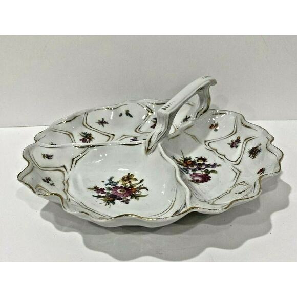 Vintage porcelain center handle server bowl 3-part vegie display white & floral - Picture 2 of 9